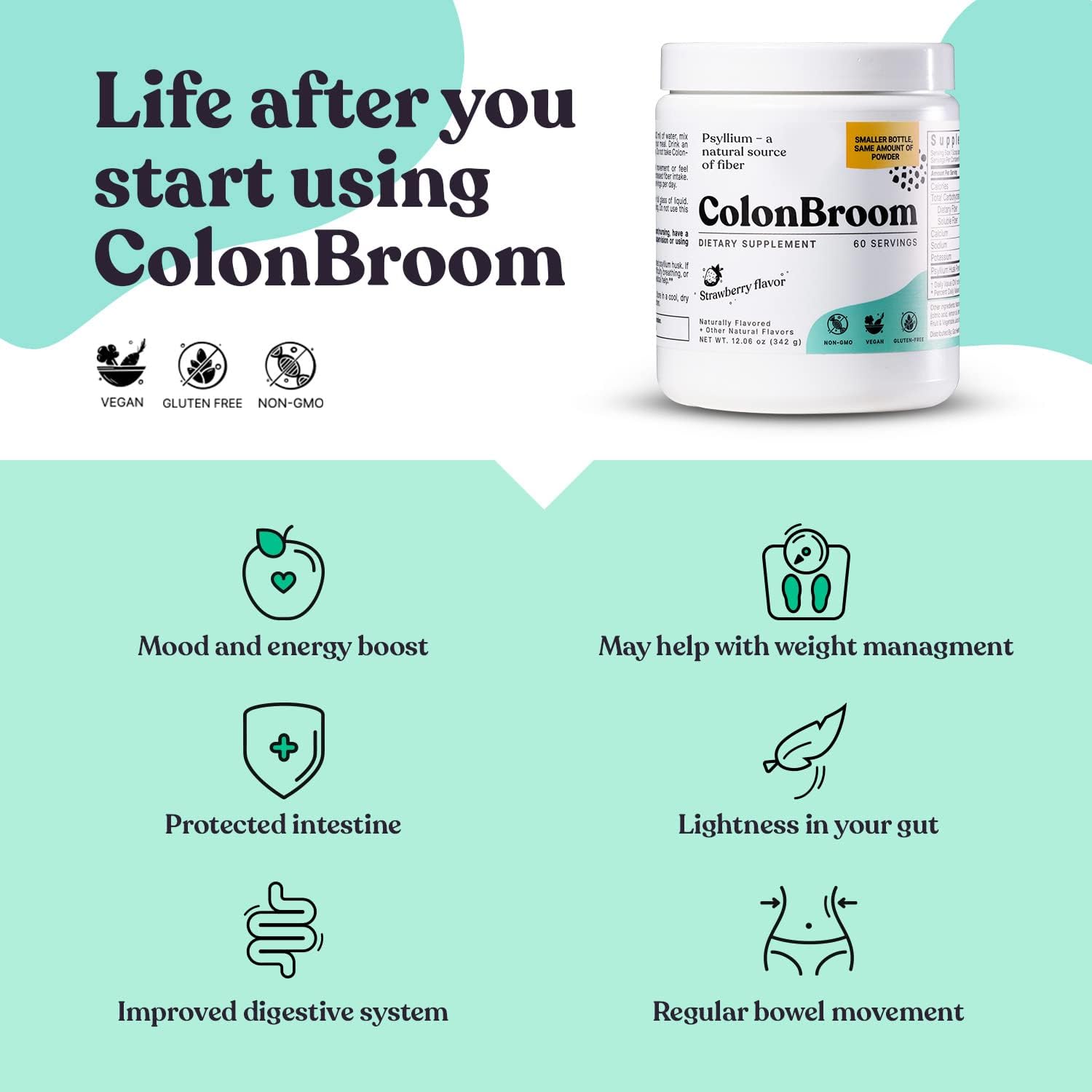 ColonBroom Psyllium Husk Powder Colon Cleanser - Vegan, Gluten Free, Non-GMO Fiber Supplement - Safe Colon Cleanse for Constipation Relief, Bloating Relief & Gut Health (60 Servings) : Health & Household
