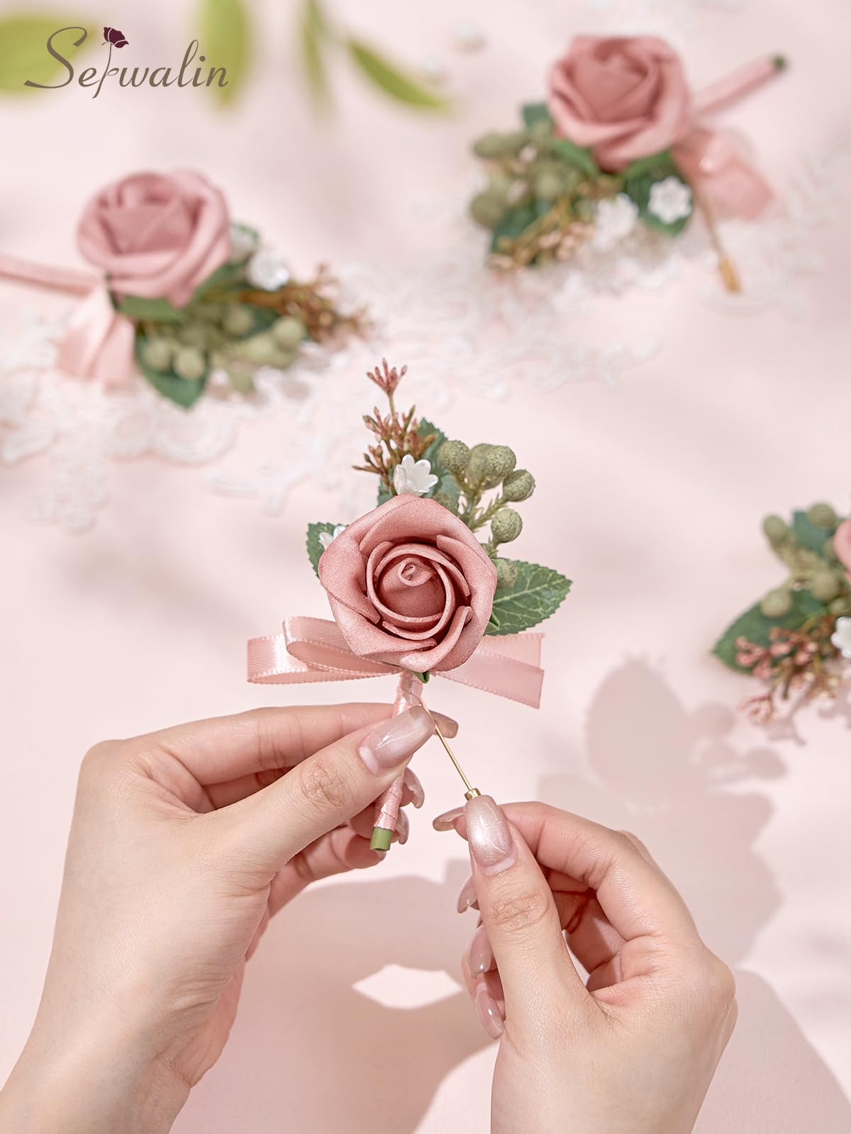 Serwalin Boutonniere rosa per matrimonio da uomo, set da 10