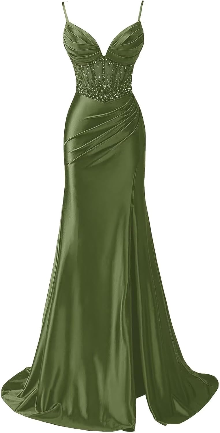 Sequin Mermaid Satin Prom Dresses for Women 2025 Sparkly Beaded Long Corset Evening Formal Gown with Slit