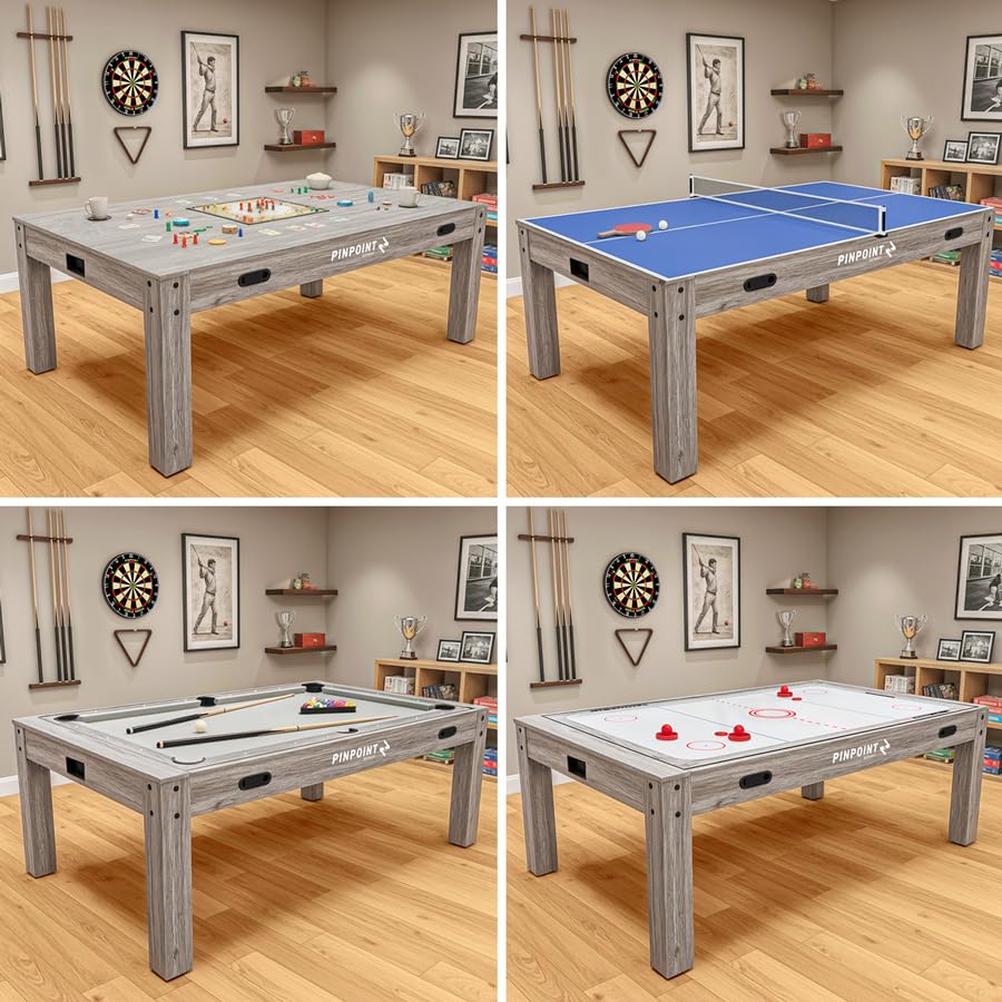 PINPOINT Tavolo da gioco 4 in 1 – biliardo, air hockey, ping pong e giochi da tavolo – Tavolo da interno da 2,1 m con accessori inclusi – Finitura in legno grigio Driftwood per sale giochi e famiglia