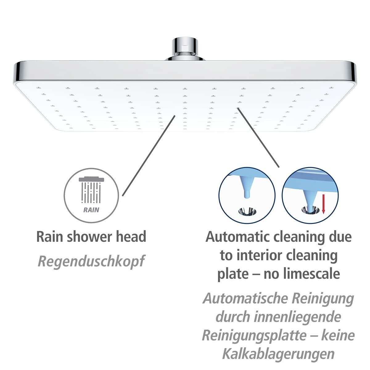 Wenko Doccia a pioggia Automatic Cleaning - Soffione universale con sistema anticalcare automatico, ABS, 17 x 25 cm, Cromo