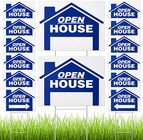 14 Pack 24 x 18 Inch Open House Sign Double Sided Real Estate Sign Posts Plastic Heavy Duty Open House Directional Open Yard Sign with Left Right Arrows 14 Pcs H Metal Stakes (Blue)