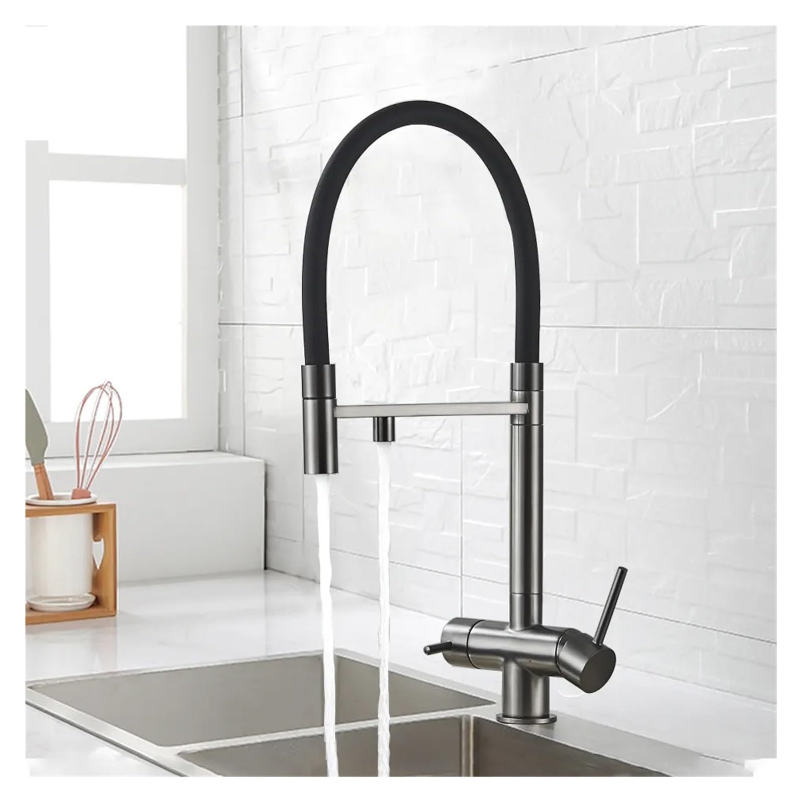 Filtro de agua para grifo de cocina de doble boquilla, grifo de purificación de agua negro mate con función giratoria para agua potable pura, elegante grifo mezclador para el hogar