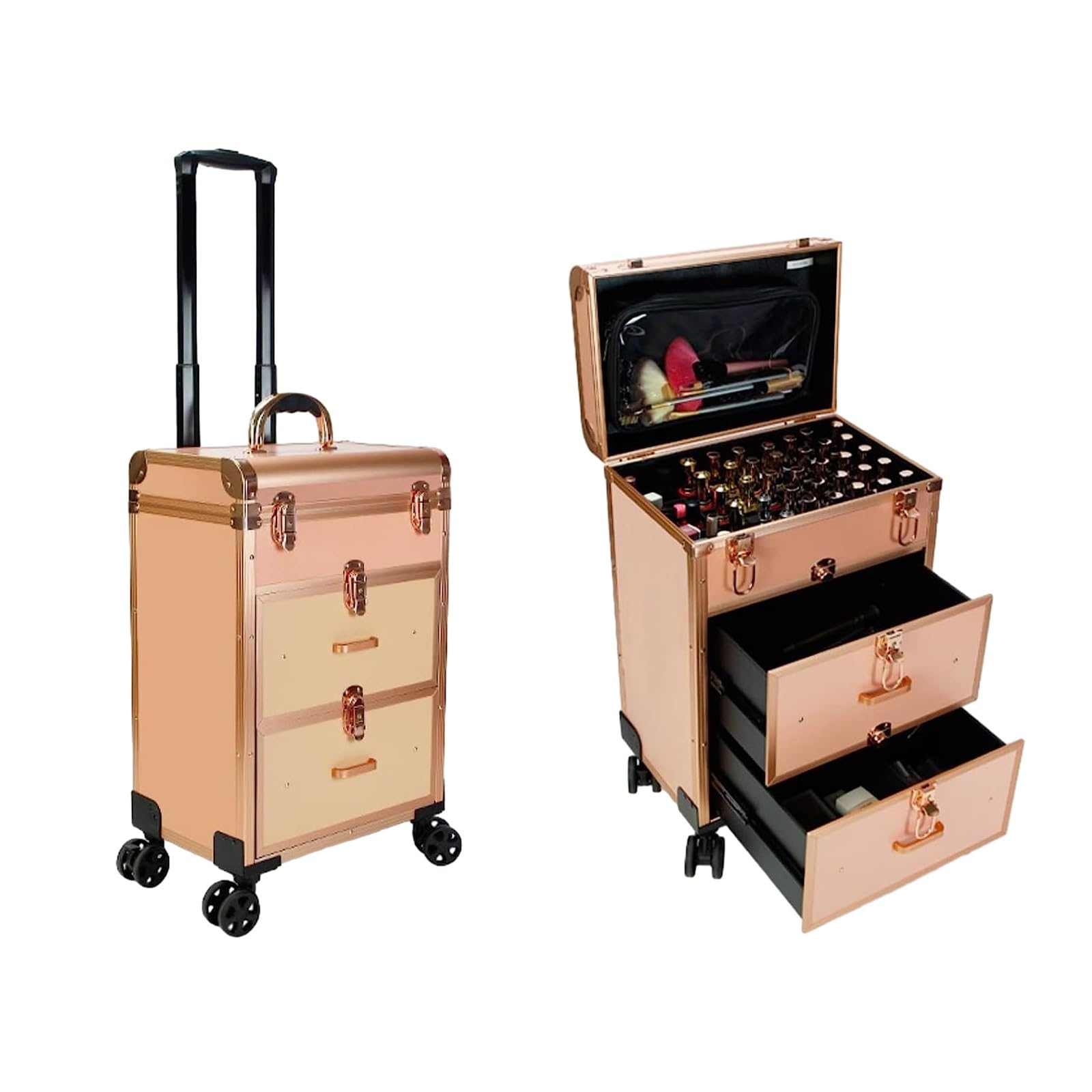 Aluminium-Make-up-Koffer, Beauty-Make-up-Zug-Koffer, Reise-Trolley, Kosmetiktasche, rollender Organizer, Kosmetikbox, rollender Make-up-Koffer, Reise-Zug-Koffer mit Rollen, Kosmetik-Trolley,