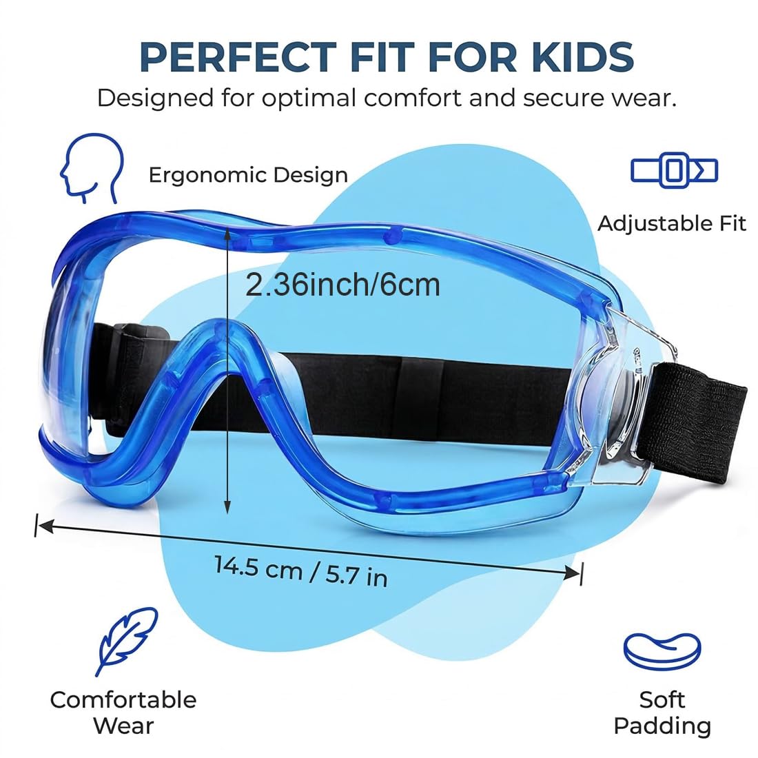 Occhiali di Sicurezza per Bambini, Protezione Anti-Polline e Anti-Appannamento, Occhiali Protettivi Antivento e Antipolvere per Softair e Ciclismo, Fascia Regolabile, Blu (1 Pezzo)