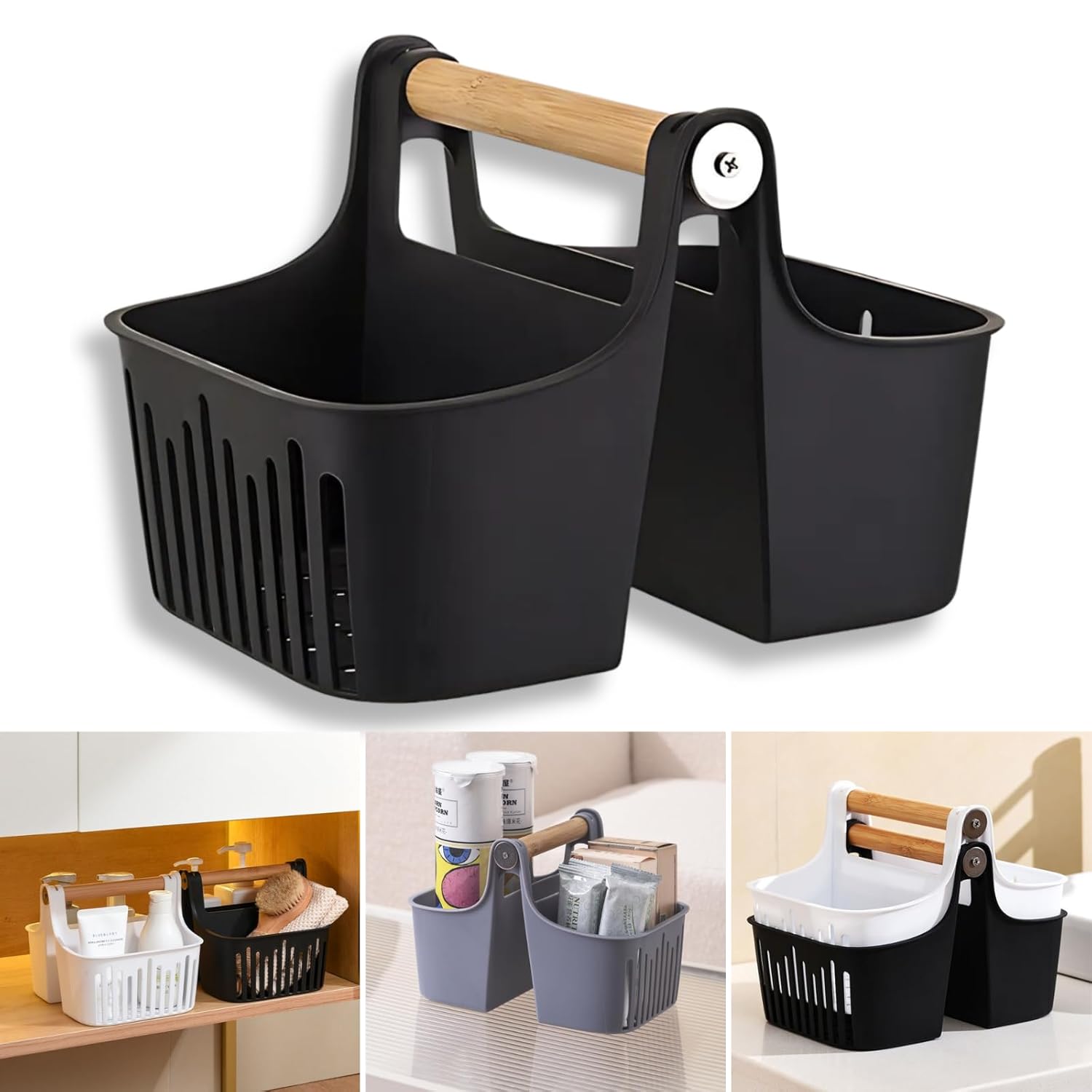 Boxonly Portable Shower Caddy with Bamboo Handle-Divided Organizer Basket for Toiletries Makeup and Jewelry Perfect for Bathroom Dorm
