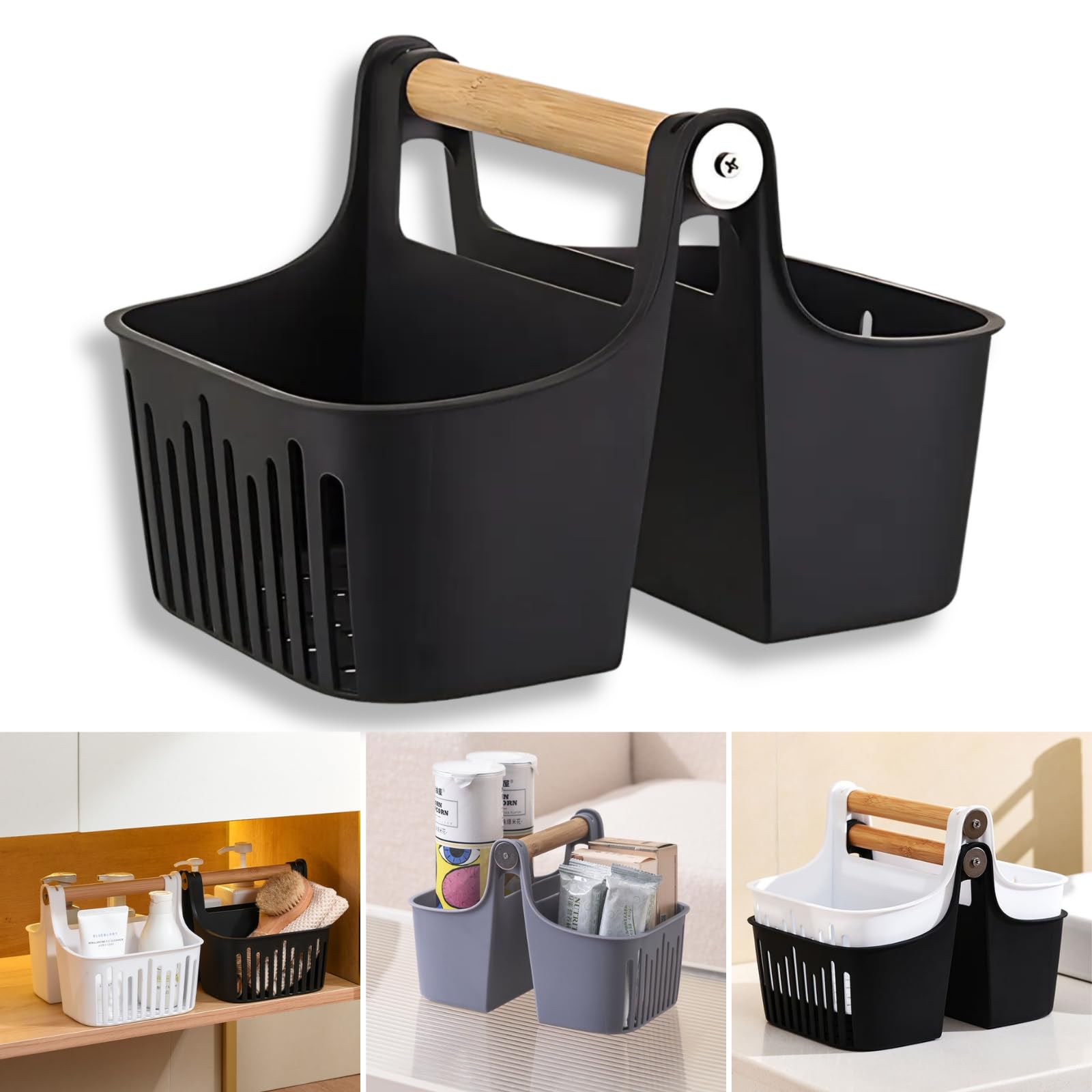 Boxonly Portable Shower Caddy with Bamboo Handle-Divided Organizer Basket for Toiletries Makeup and Jewelry Perfect for Bathroom Dorm