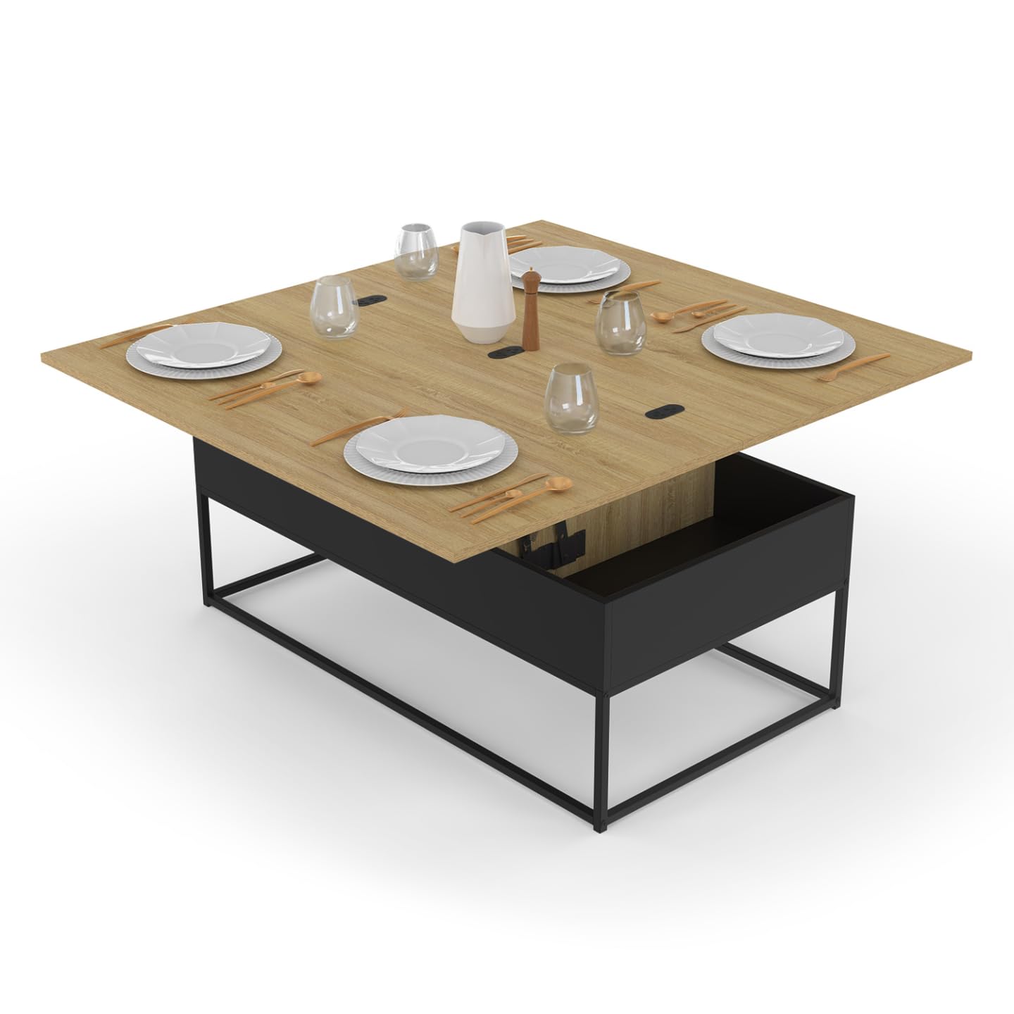 IDMarket - Mesa baja con bandeja elevable rectangular convertible en mesa de comedor Boston 100 cm diseño industrial