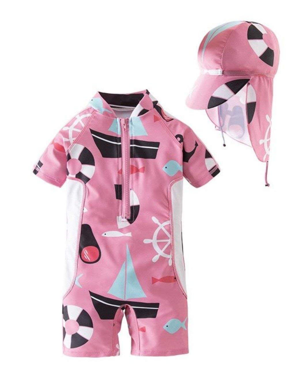 Bilo Store Kid Girls Chic Rash Guard Swimsuit Pool Party Swim Wear Beach Bathing Suit Pink Sailboat