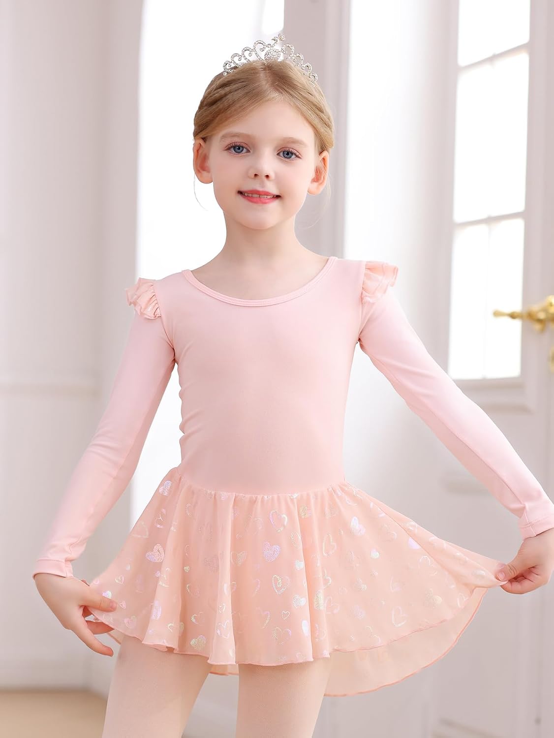 Mecceos Ballet Leotard for Girls Toddler - Classic Long Sleeve Ruffle Heart Print Tutu Dance Dress with Back Bow