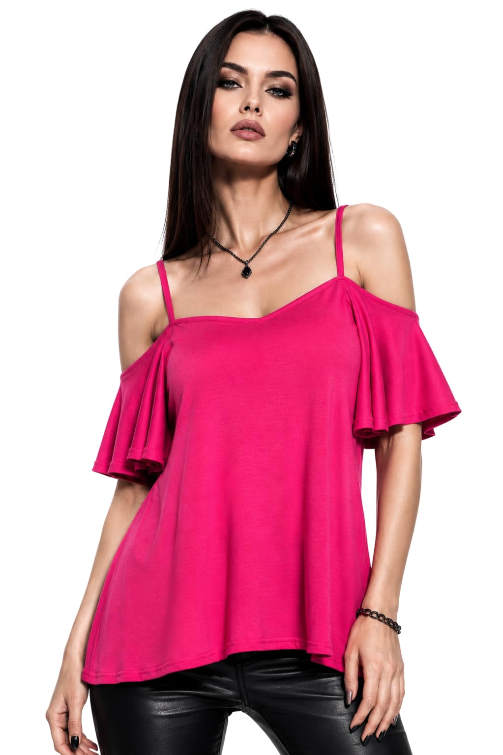 Eyecatch Women's Fushia Eye Catch ’S Cold Shoulder Swing Top Uk 8-24 Plus Size | Floaty Frill Sleeve Tunic Blouse | Summer Holiday Evening Top