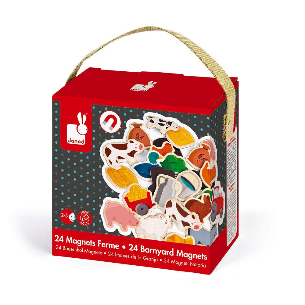 Janod - 24 Farm Magnets - Farm Animals - Wooden Toy - Magnetic Educational Game, to Handle, Experience and Have Fun - From 2 Years Old, J08157