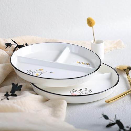 Miniatura 4 de SOCOSY Plato de cerámica de control de porciones de 3 compartimentos, platos divididos, plato de postre dividido, plato de ensalada, plato de cena,