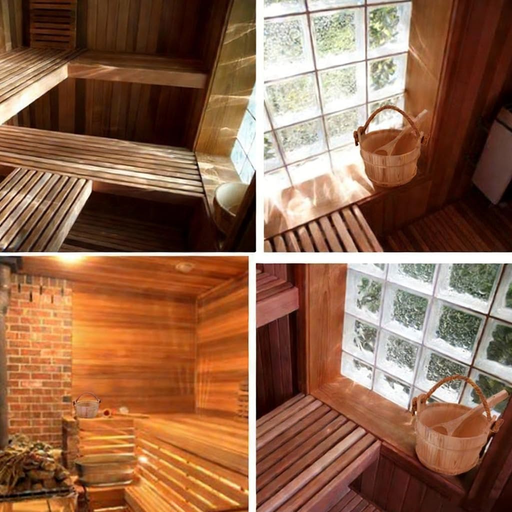 Sauna Bucket and Ladle Set, Wooden Bucket and Ladle, 1 Gallon (4 Liters) Water Capacity, Handmade from Natural Pine with Rope Handle, Sauna Accessories Kit for Sauna Room Use Steambath Bucket