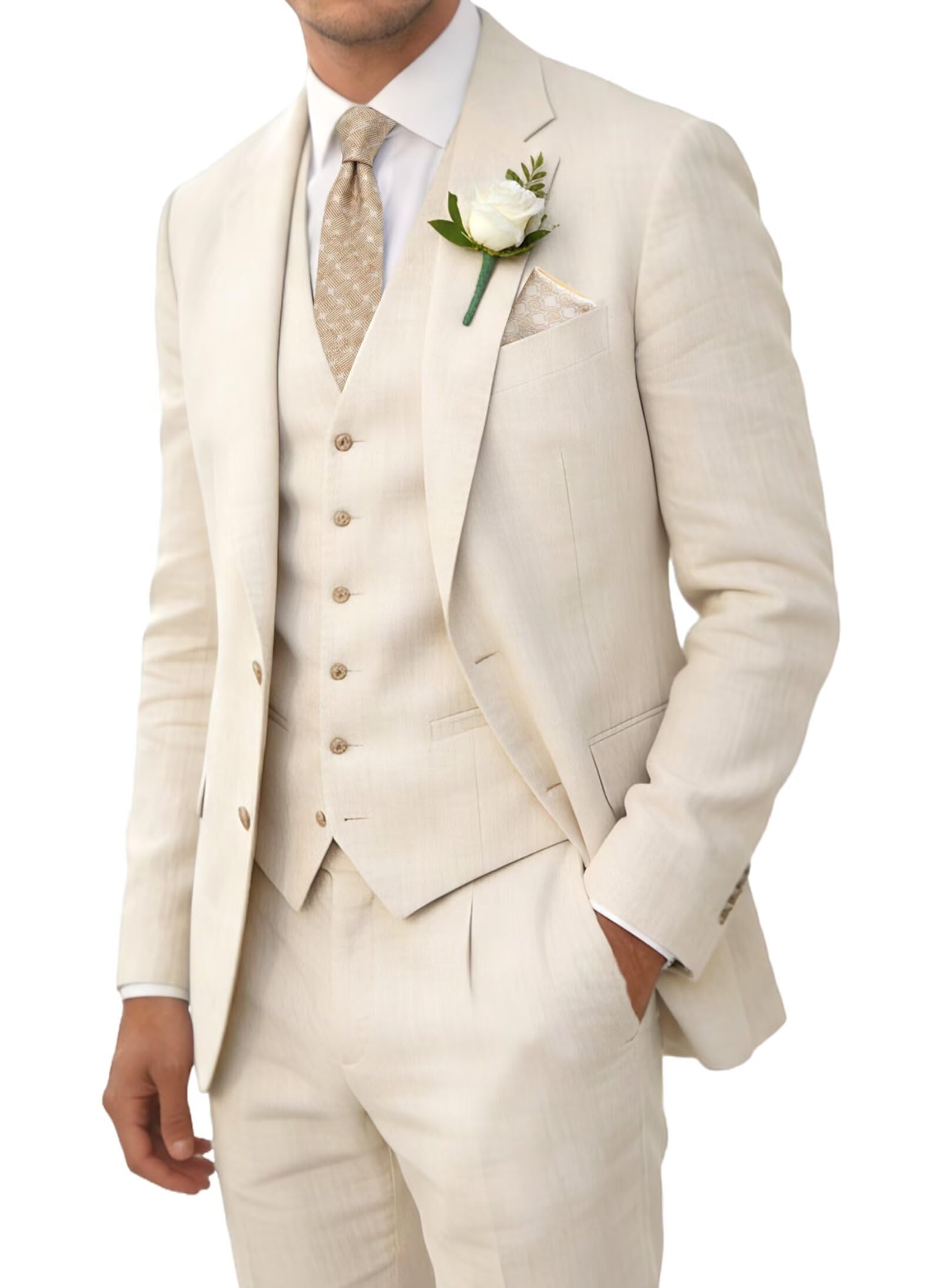 Retro Linen Men Suit Beach Wedding Suit Summer Slim Fit 3 Pieces Light Weight Linen Suit Jacket Vest Pant Tuxedo