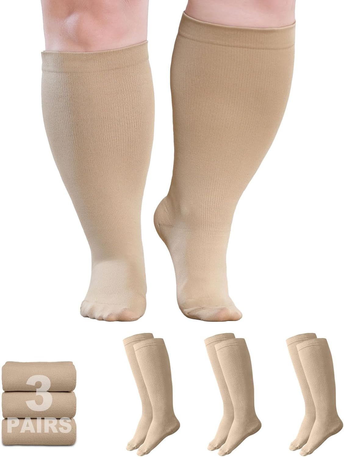 Plus Size Compression Socks: Wide Calf Compression Stockings for Men Women - Extra Large 20-30 mmHg Compression Hose Support for Running Travel Nurses Pregnancy 3 Pairs
