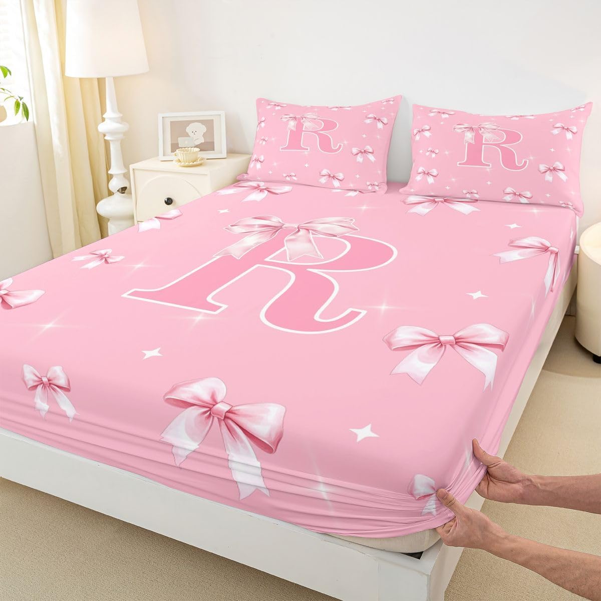 Erosebridal Monogram Letter R Fitted Sheet Initial Princess Bowknot Bed Sheets Full Pink Bow Aesthetic Bedding Set for Women Lady Fantasy Fairy Tales Bed Cover 3 Pcs