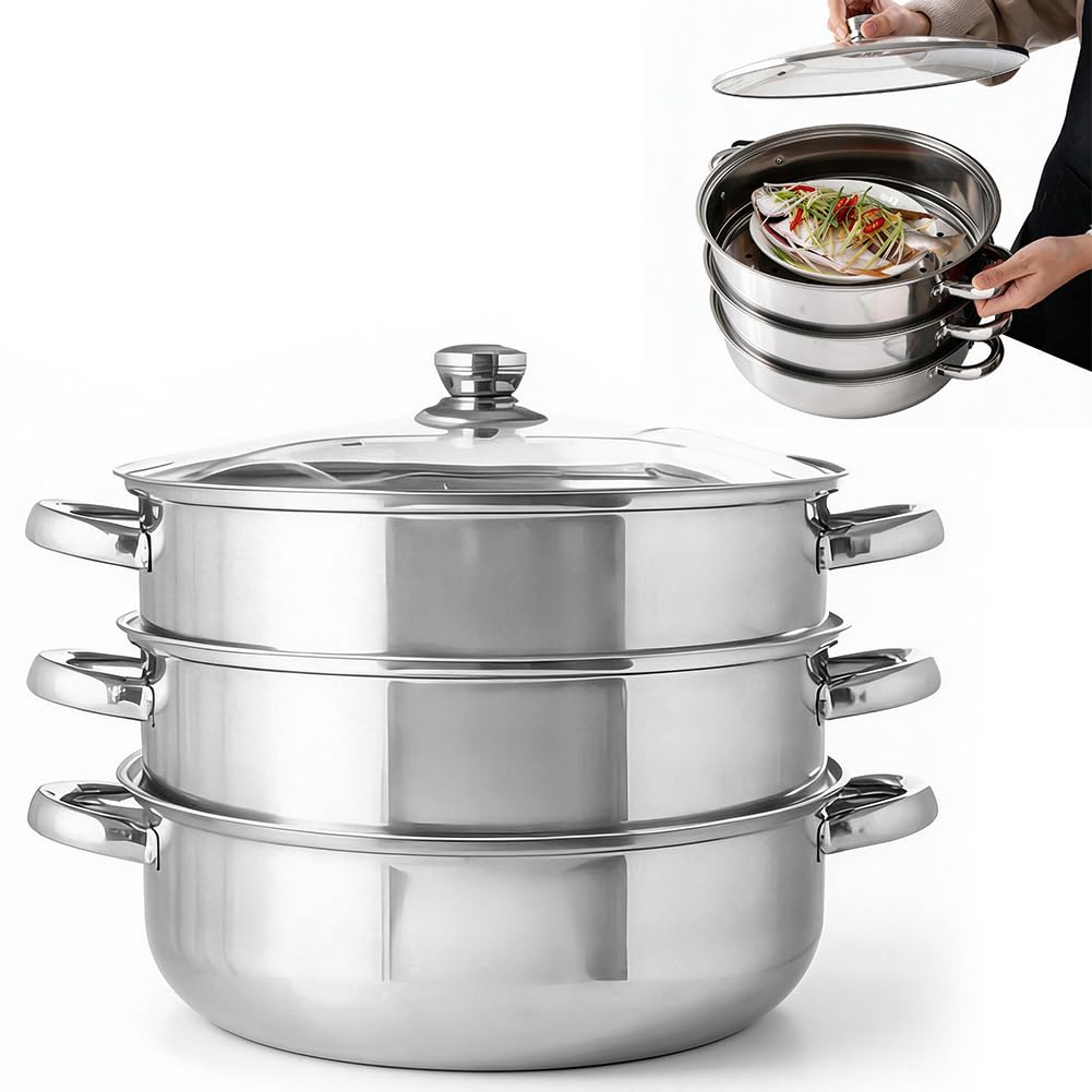 Cacerola de 28 cm de acero inoxidable para cocinar al vapor, sartén de 3 niveles con tapa, olla para cocinar verduras, mariscos, sopas, guisos y pasta