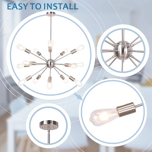 Miniatura 8 de BONLICHT Candelabro Sputnik moderno con 15 luces de níquel cepillado de mediados de siglo, iluminación industrial empotrada, lámpara de techo de