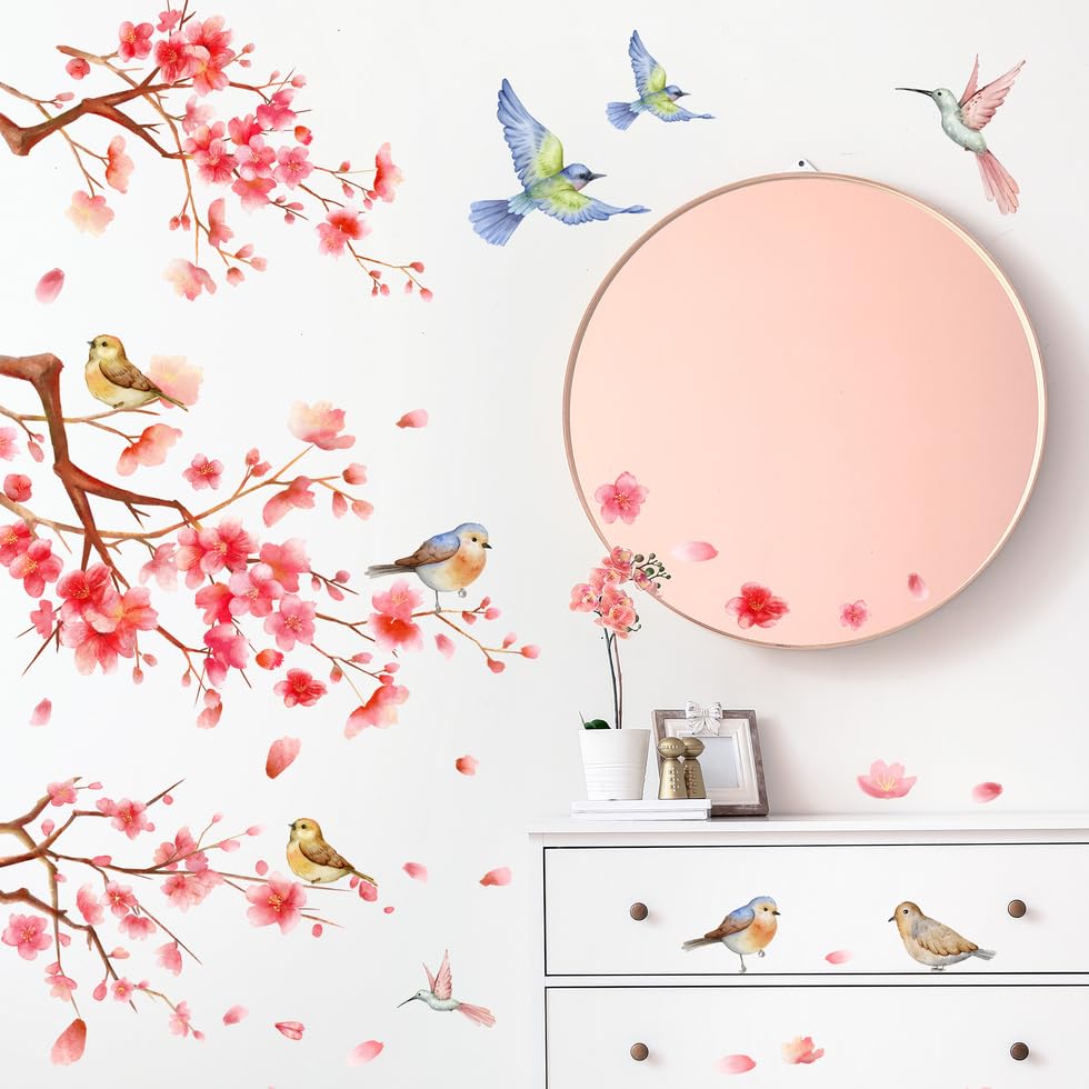 Vinilo decorativo rama diagonal rosa con aves miniatura 4