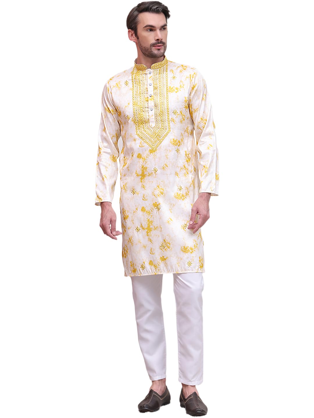 Jompers Men's Yellow Geometric Cotton Blend Kurta With Pyjama. (Yellow, L)