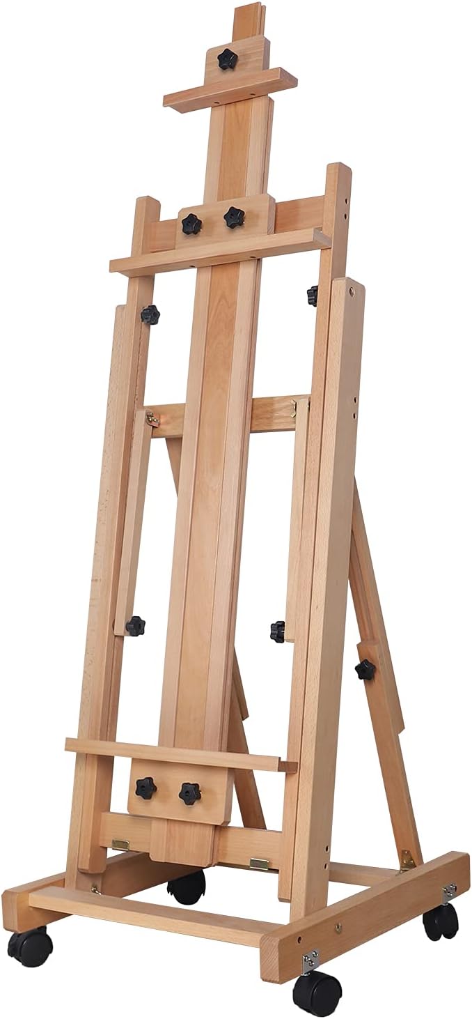 Multi-Function Studio Easel, Professional Large Studio Artist H-Frame Wood Painting Art Easel Standing, Movable Heavy Duty Flooring Adjustable Solid Wooden Beech Easel with 4 Wheels