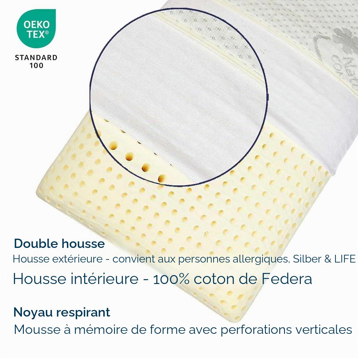 Coussin orthopédique cervical en mousse à mémoire de forme avec housse Silver & Life - 70 x 34 cm - Hauteur 12 cm