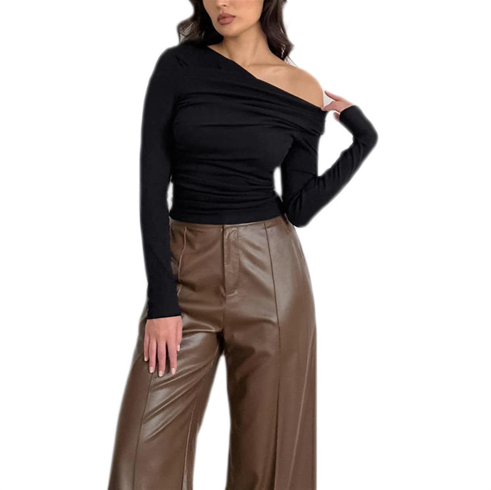 hixswnu Casual Manga Larga Barco Cuello Hombro Slim Fit Crop Top Salida Blusas Camisas apretadas de Las Mujeres