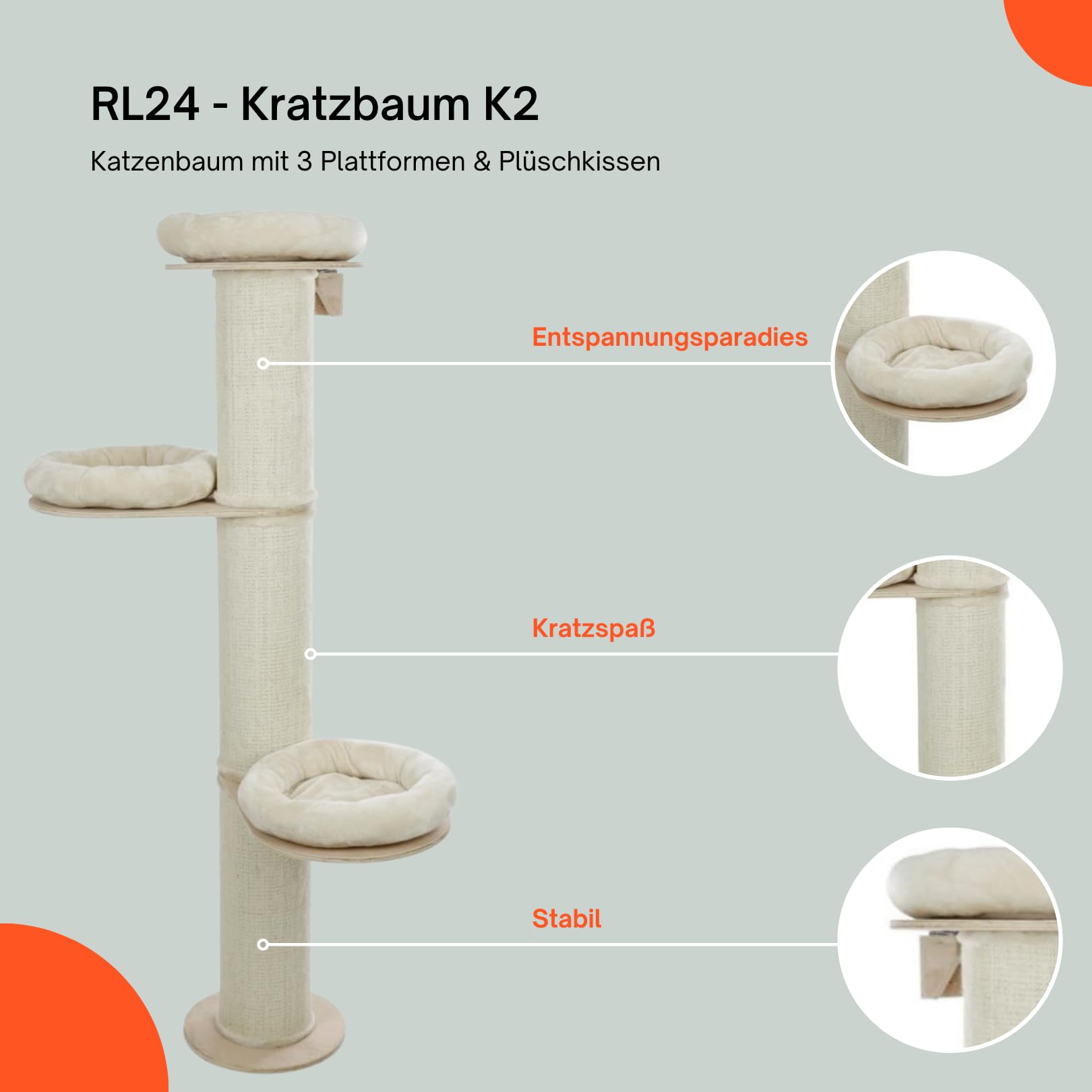 RL24 - Kratzbaum K2 – Katzenmöbel – Beige – Höhe 187cm | Katzenbaum mit 3 Plattformen & Plüschkissen – Katzenkratzbaum mit Sisalteppich an der Kratzsäule – Kratzstamm ø 22cm