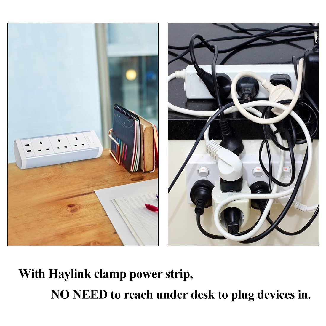 Haylink Desk Clamp Plug Socket, 3 Way Extension Lead Aluminium Alloy