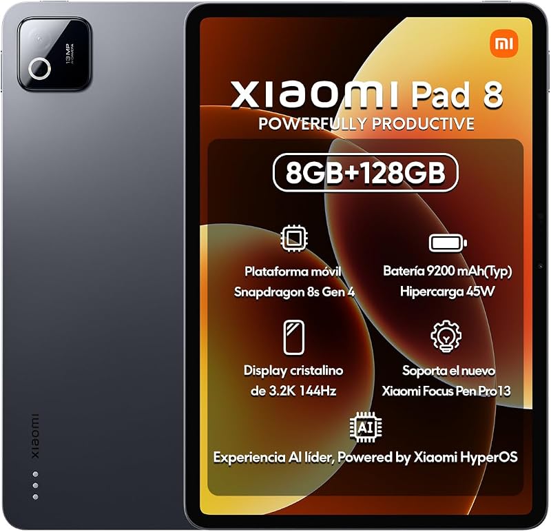 Pad 8 Ai WiFi Versión Global (Sin Llamadas o Texto) 11.2 pulgadas 3.2K 144Hz 9200mAh Cuatro parlantes 13 Mp Modelo 25097RP43G (Gris, 128GB + 8GB)