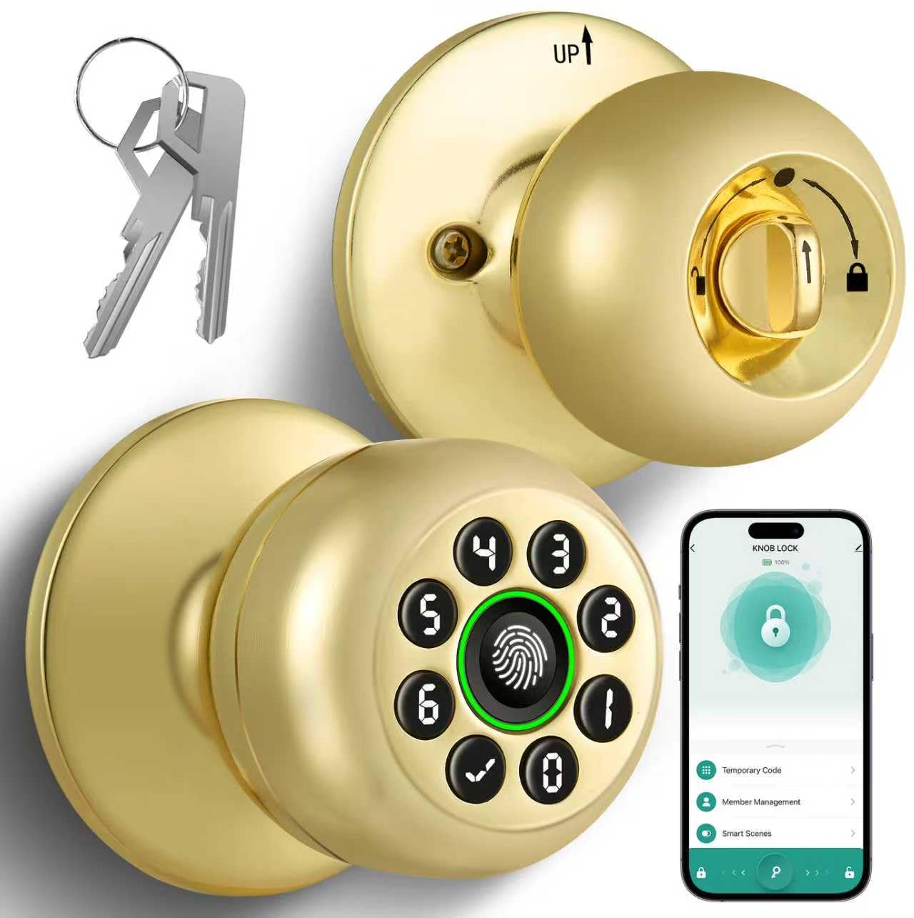 fingerprint door lock, smart fingerprint door knob with keypad, biometric door lock with app control, auto lock door lock with code, keyless door knob with lock for bedroom, home,office-polished brass