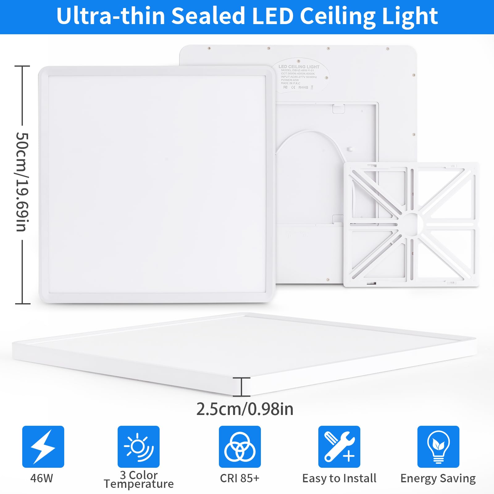 MOONSEA 46W LED Deckenleuchte Flach 3 Farben 50X50cm Deckenlampe Eckig | 3000K/4000K/6000K Quadrat Deckenlampe, Ultra Dünn Weiß Eckige Deckenleuchte für Wohnzimmer Schlafzimmer Esszimmer Küche