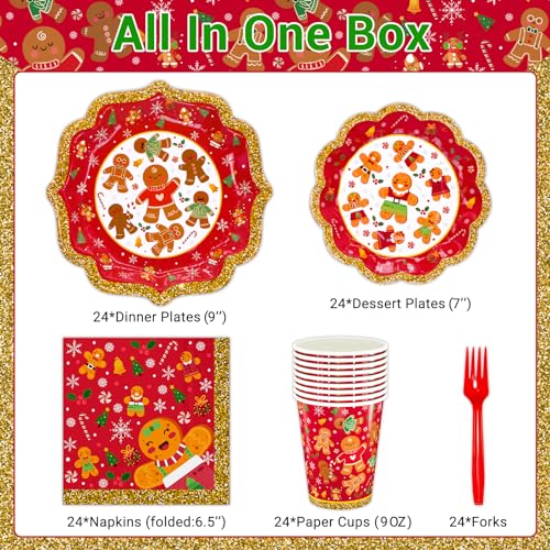 Christmas Gingerbread Party Supplies Serves 24 Party Tableware Disposable Dinner Plates,Dessert Plates ,Paper Cups,Xmas Napkins,Forks,Christmas Party Dinnerware Gingerbread Theme For Xmas Celebration – Image 3