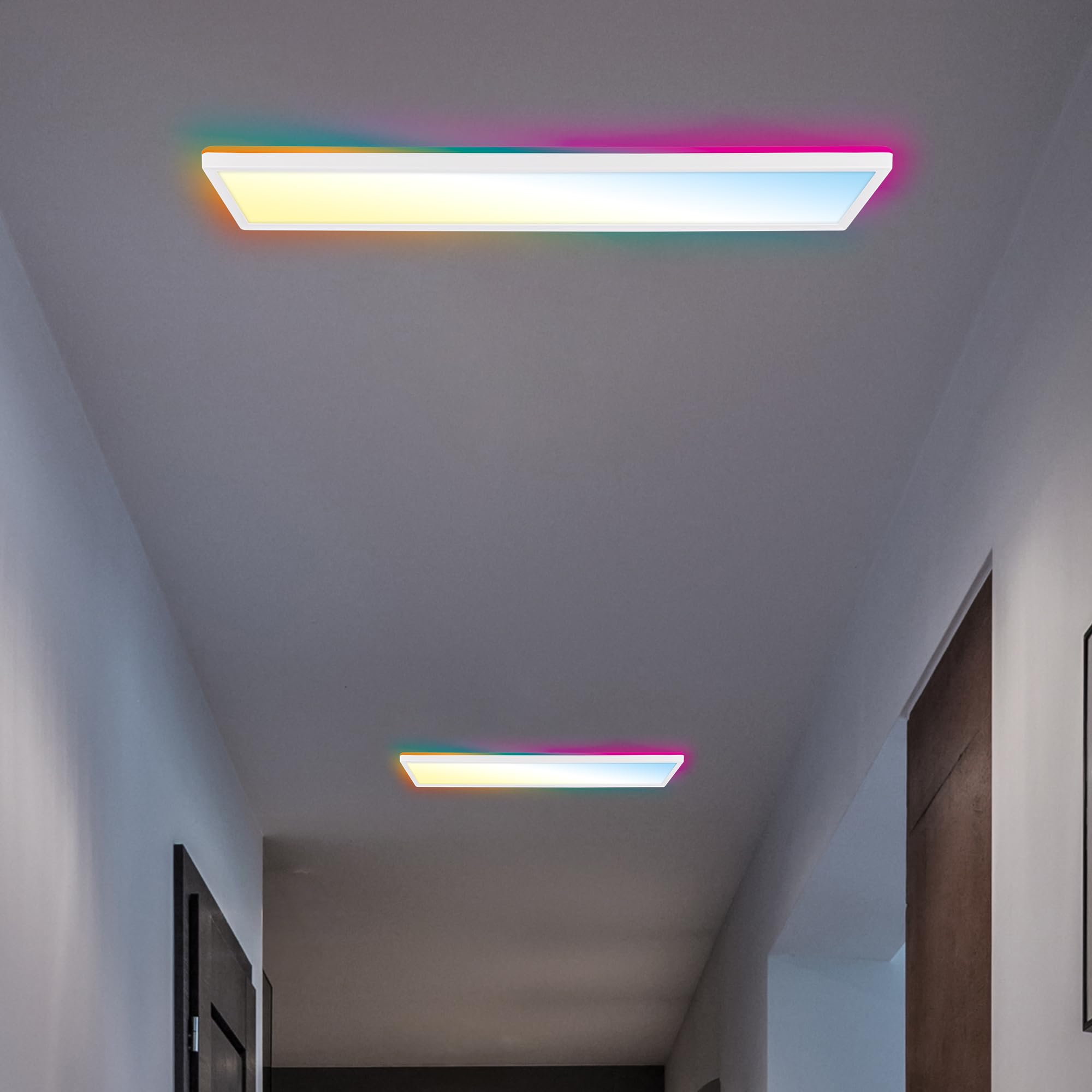 B.K.Licht - Lampada da soffitto LED piatta con telecomando, retroilluminazione RGBIC, superficie luminosa CCT, dimmerabile, lampada, plafoniera, lampada da soggiorno, pannello 58x20x2,5 cm, bianco