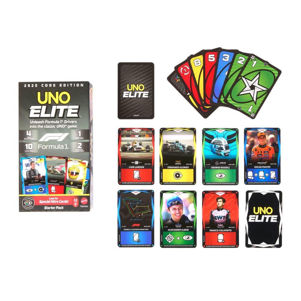 Mattel Games UNO Elite Formula 1 2025 Core Edition Starter Pack Card Game with 4 Game Booster Packs & 2 Promo Cards for Kids, Fans, Families & Game Night