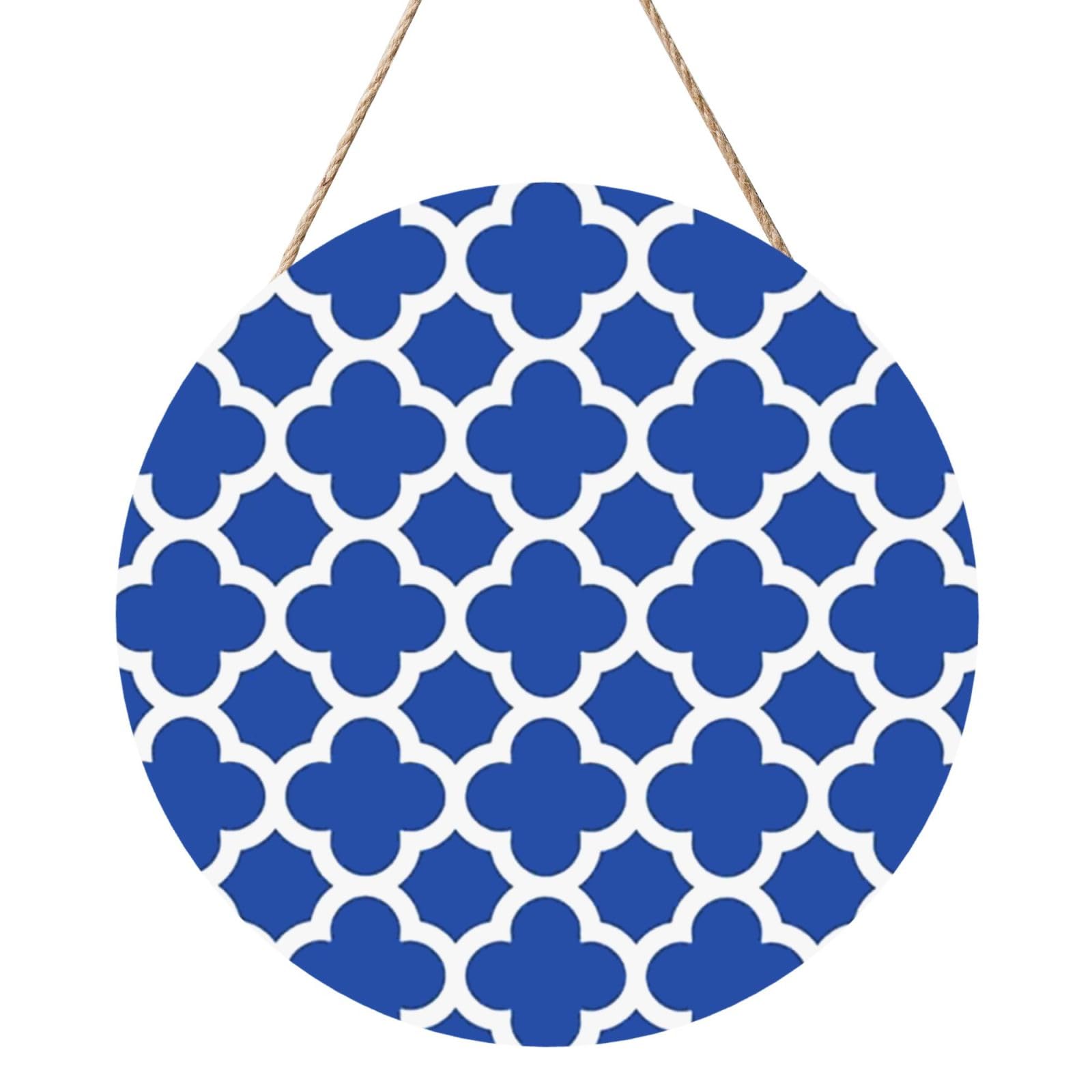 InOmak Cobalt Blue Quatrefoil Trellis, Round Wood Panel Painting 12 in, Wall Hanging Painting For Home
