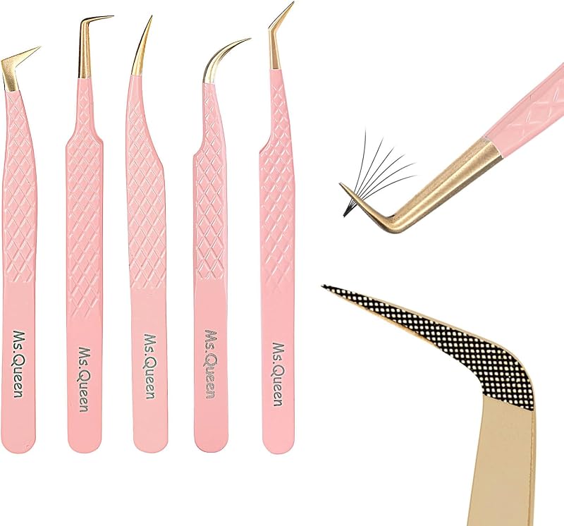 Kit com 5 pinças Ms.Queen para extensão de cílios, pontas curvas de 45° e 90°, fibra e aço inoxidável