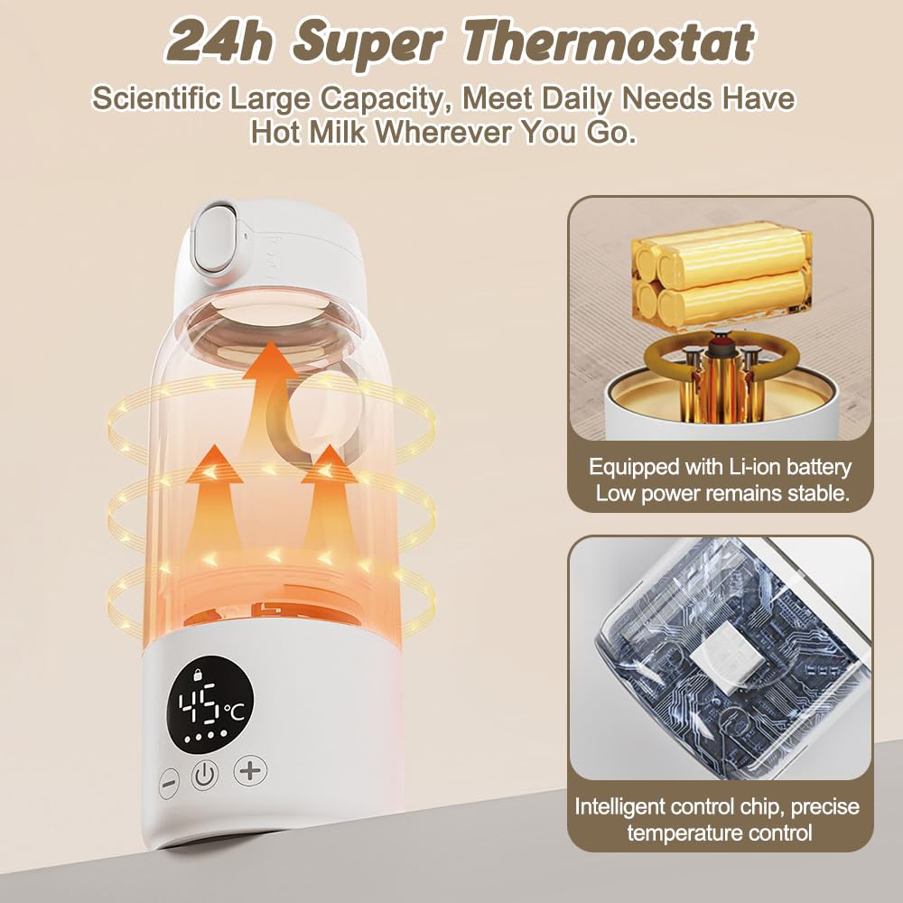 Flaschenwärmer Baby Unterwegs, 500ml Tragbarer Baby Flaschenwärmer mit 11000mAh Schnelles Aufheizen Babyflaschen Wärmer mit LCD-Display Milchwärmer Baby für Muttermilch, Wasser, 35-70℃ Einstellbar