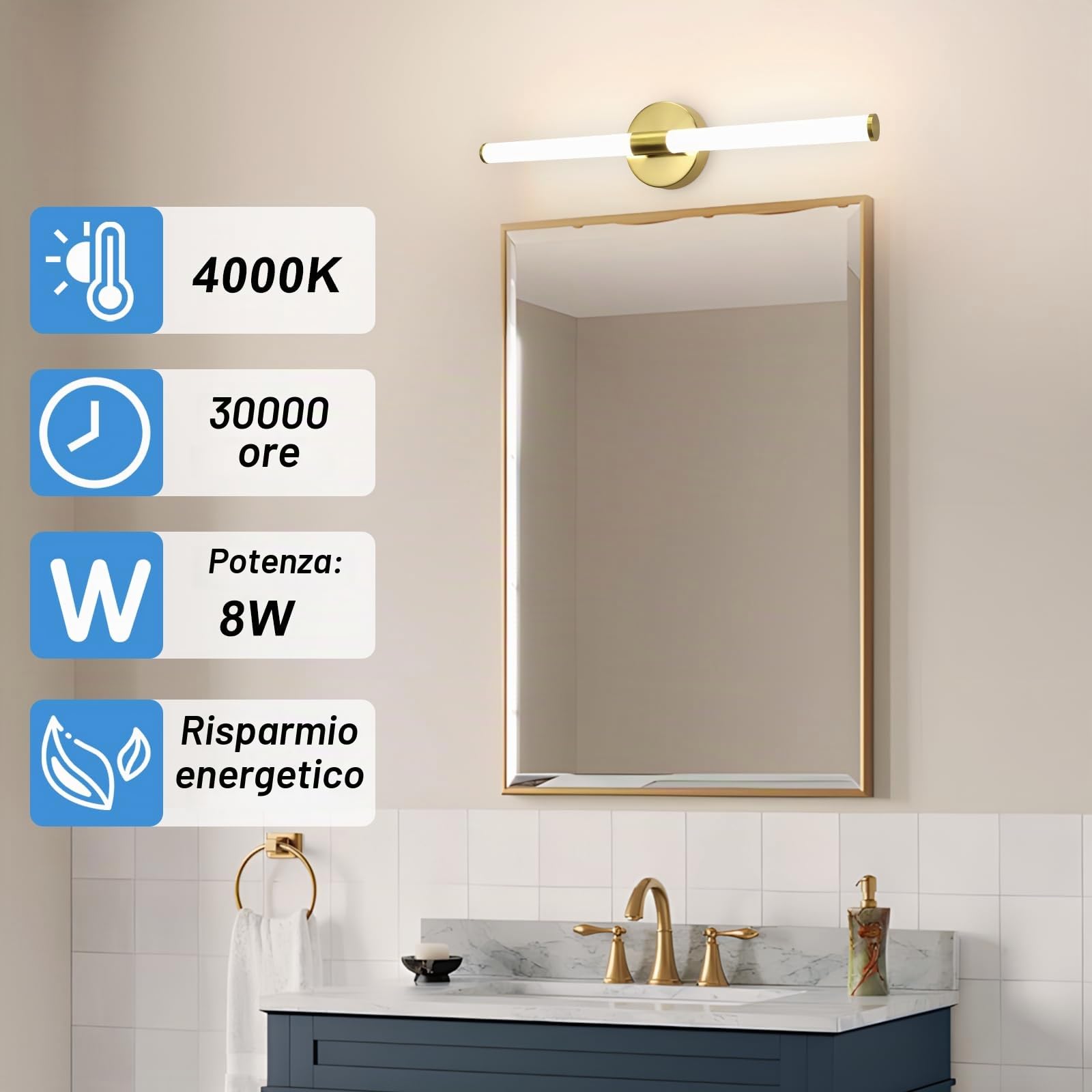 Lampada da parete a specchio a LED per bagno, in oro - 60 cm, 8 W, | 4000 K