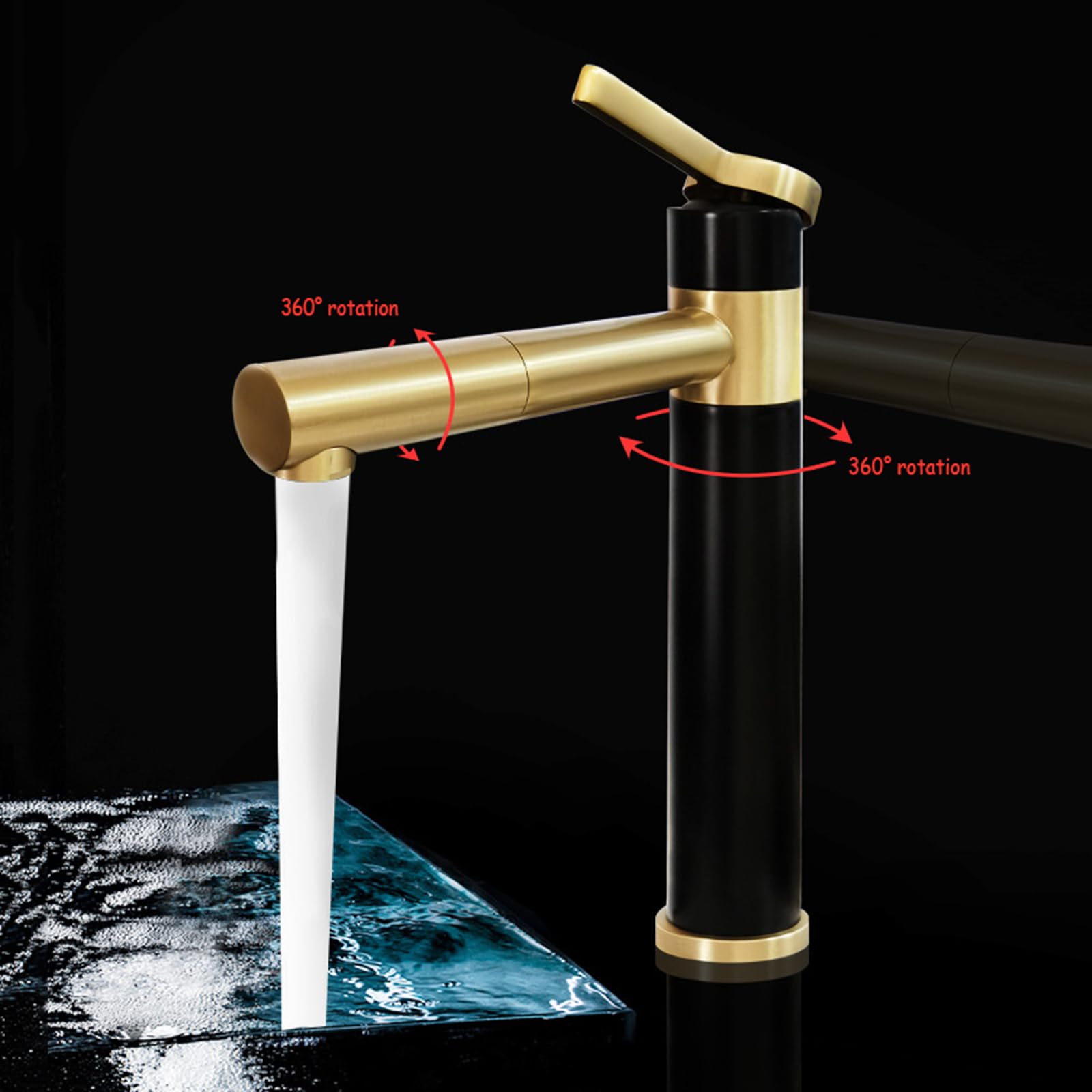 Grifo Lavabo en Cascada Fregadero de Un Solo Orificio de Agua Fría Y Caliente de Acero Inoxidable Grifo de Lavabo Giratorio de 360° Monomando Negro + Dorado Alto Grifo de Lavabo para Baño