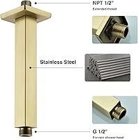 Vista 4 de Brazo de ducha de oro cepillado con brida de 6 pulgadas de acero inoxidable recto superior de lluvia cabezal de ducha de extensión de tubo cuadrado