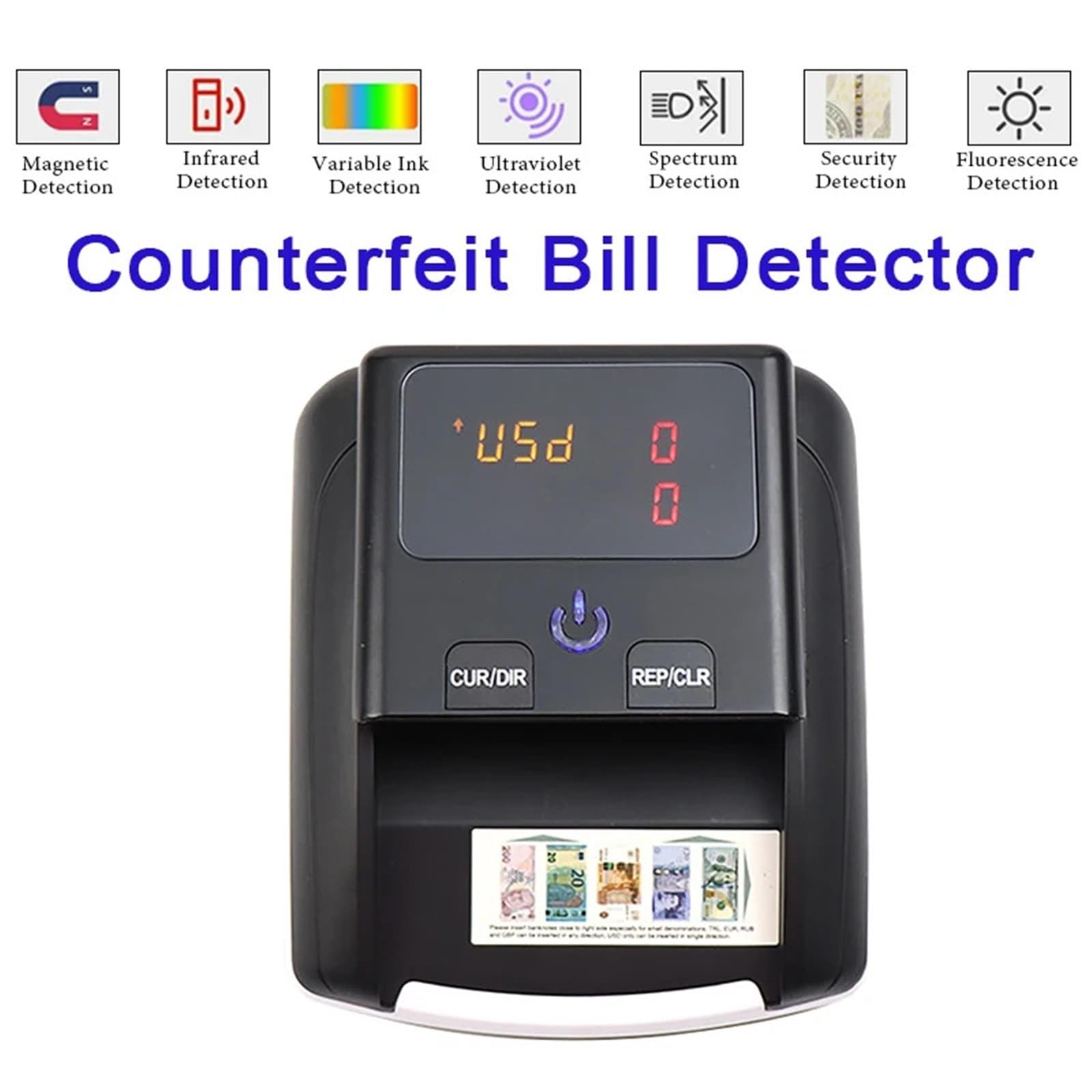 Mini contasoldi portatile, rilevatore di banconote false ricaricabile, display a LED, rilevamento automatico denaro for dollari USA ed euro