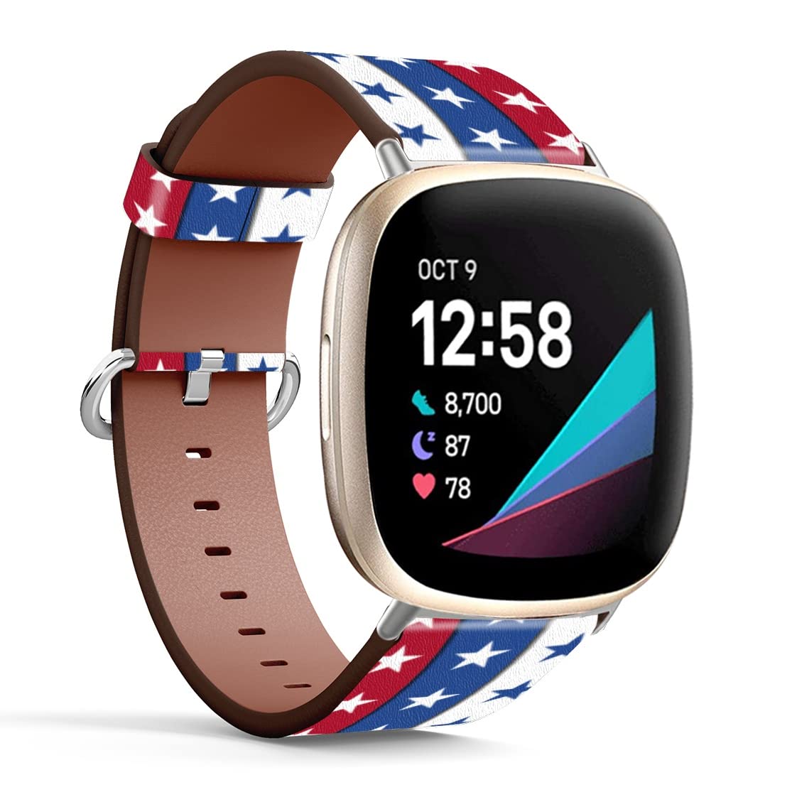 Mingdao Compatible with Fitbit Sense 2 / Sense / Versa 4 / Versa 3 Patterned Leather Replacement Band (July 4Th Patriotic Stars And Stripes Pattern)