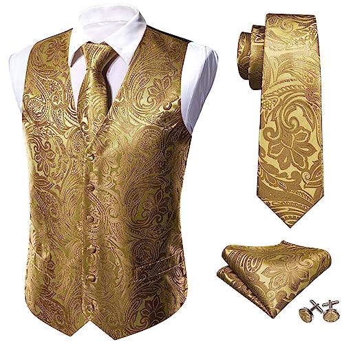 Man Dress Gold Yellow Embroidered Paisley Yellow Formal Slim Waistcoat Tie Suit Sleeveless V Neck Jacket3