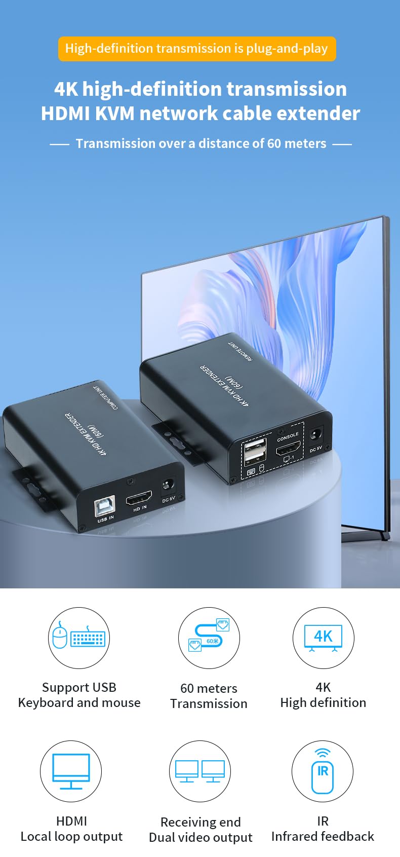 60M HDMI KVM Extender Over Cat5e Cat6 4K30Hz HDMI USB KVM 60M Extender Transmit with Supports Dual Loop Output Function USB Keyboard Mouse Extension