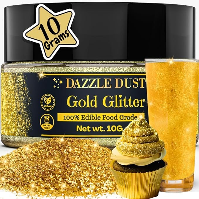 DAZZLE DUST Bulk 10g – Edible glitter for drinks, Edible gold for cake decorating, gold luster edible for cakes, edible gold, drink glitter Edible Cake Decorations 100% Food Safe, Vegan, Dairy-Free.