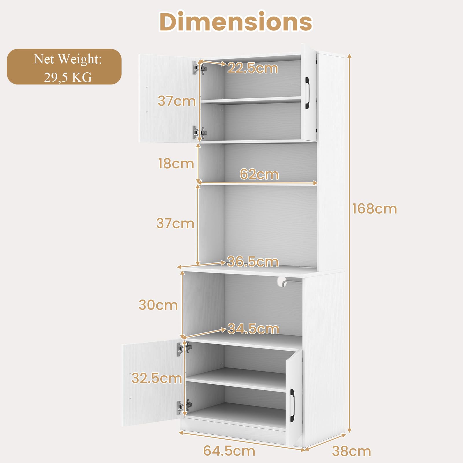 KOMFOTTEU Aparador de Cocina con Estación de Carga, Armario Buffet con 4 Puertas, 2 Estantes Ajustables, Mueble de Almacenamiento con Encimera para Microondas, 64,5 x 38 x 168 cm, Blanco