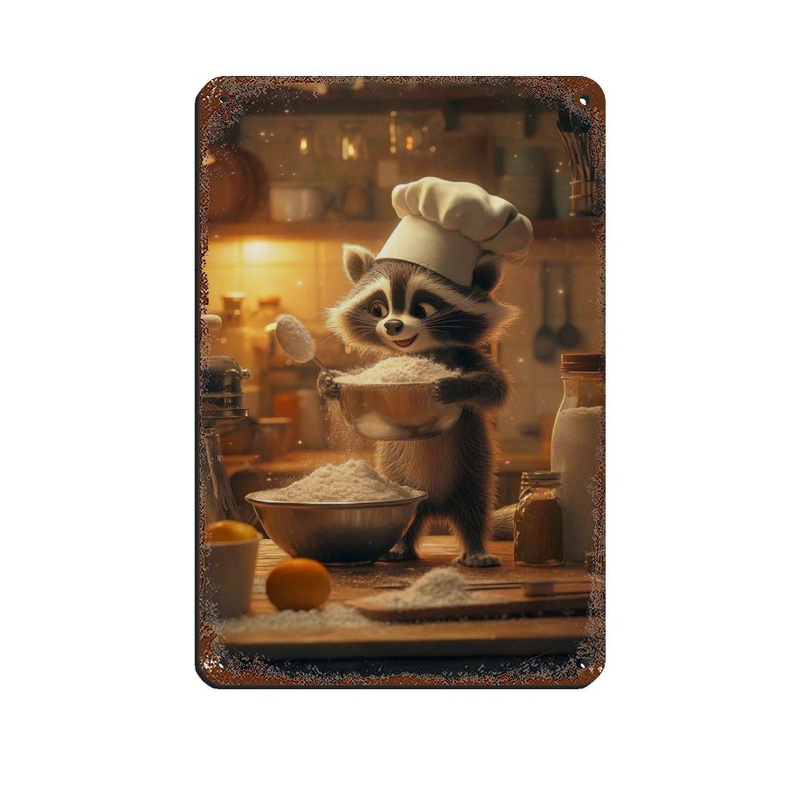 Adorable Racoon Baking Poster Tin Sign Vintage Metal Pub Club Cafe Bar Home Wall Art Decoration Poster Retro 8x12inch(20x30cm)