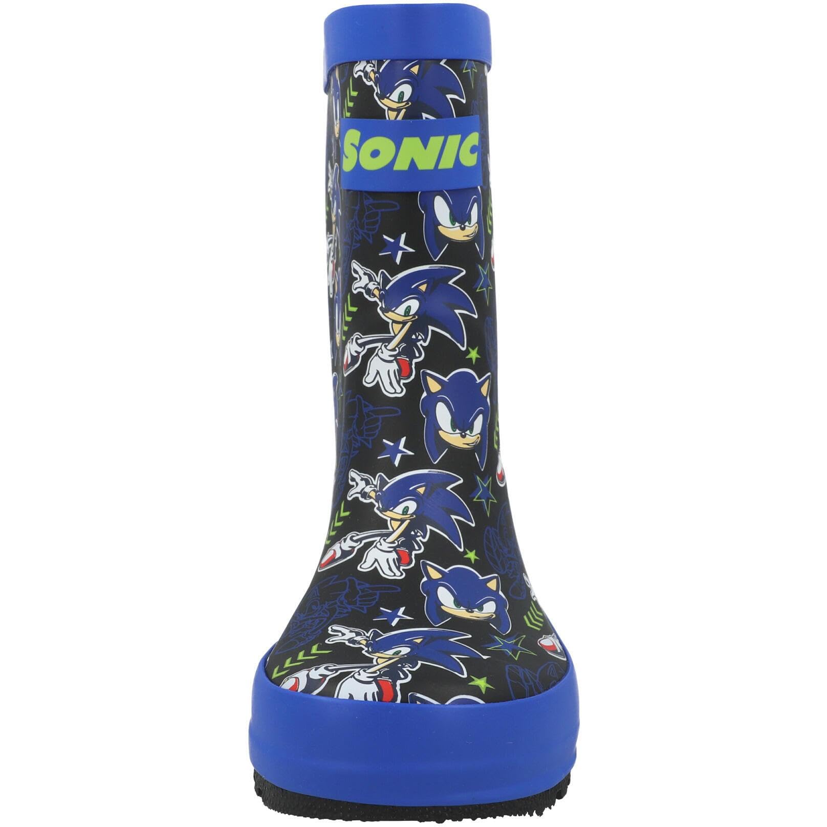 SONIC THE HEDGEHOG Botas de lluvia de goma impermeables con suela de agarre para niños, con licencia oficial, con estampado de personajes azules, botas Wellington para niños, talla 8 a 1